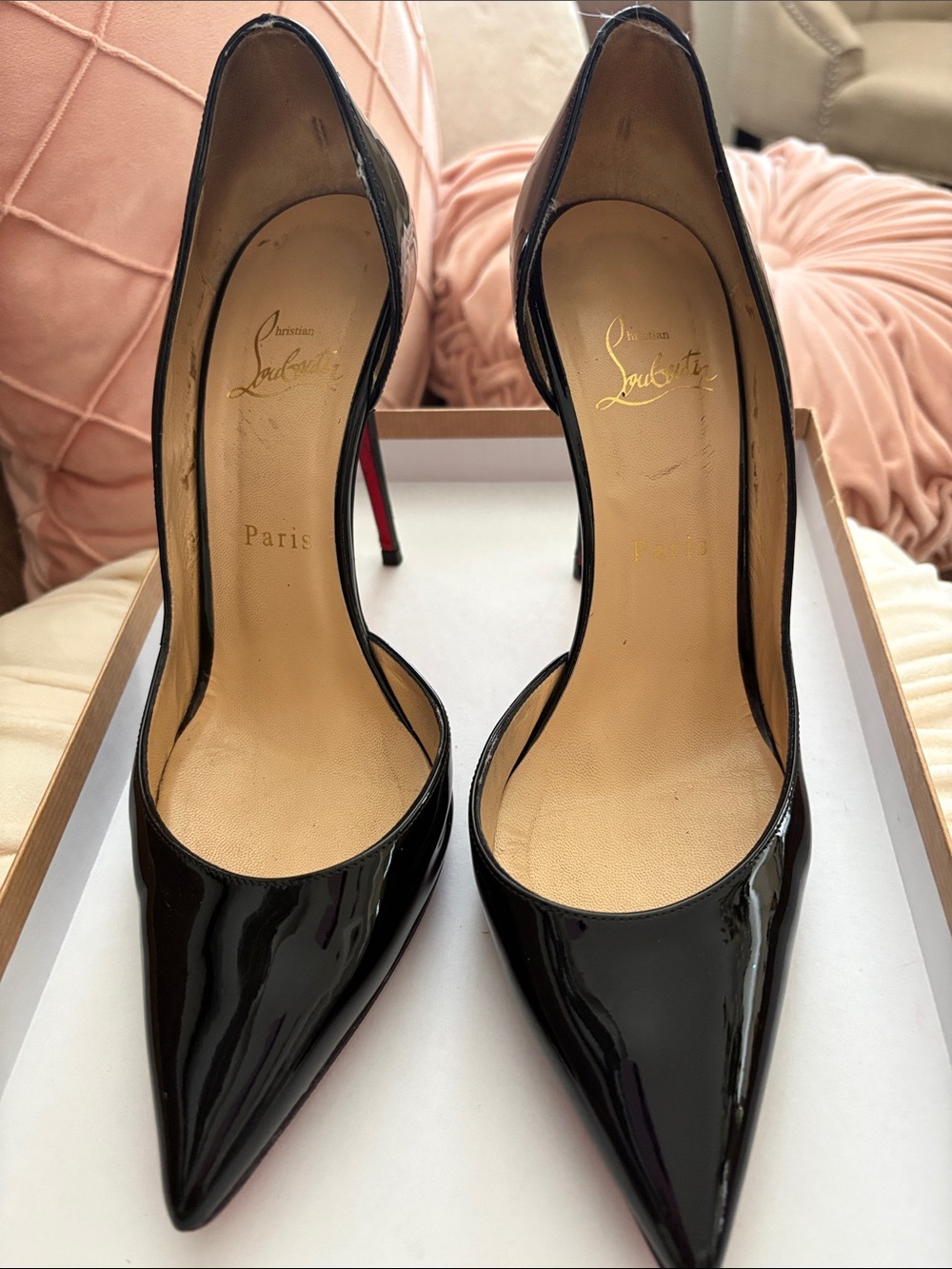 Christian Louboutin Black Patent Pointed-Toe Stiletto Pumps with Red Sole